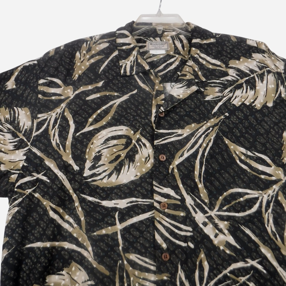 Weekender Mens Large Hawaiian Tropical Print Rayon Poplin Camp Shirt Black Tan‎
